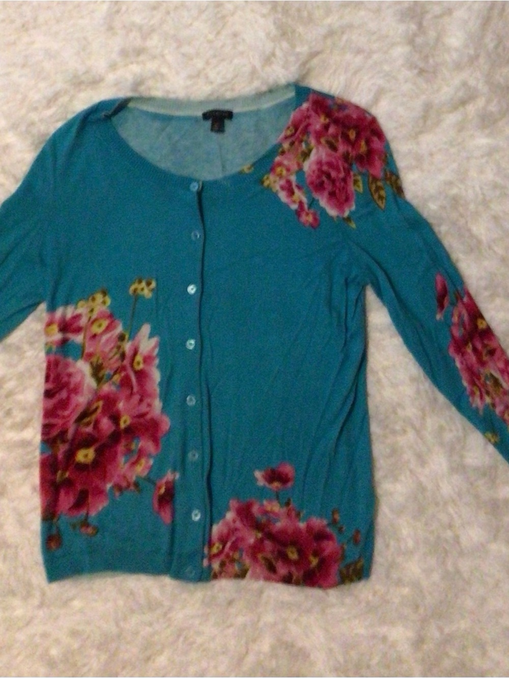 Talbots Teal Button-Front Cardigan with Pink Floral Print